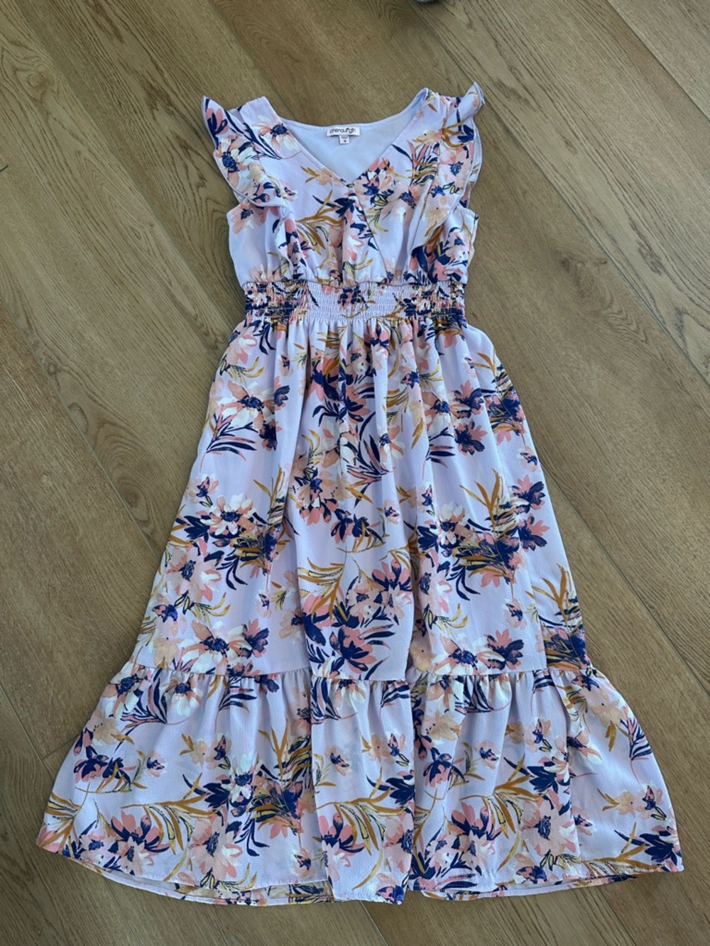 Chenault Lavender Floral Ruffle Sundress with Navy & Mustard Accents